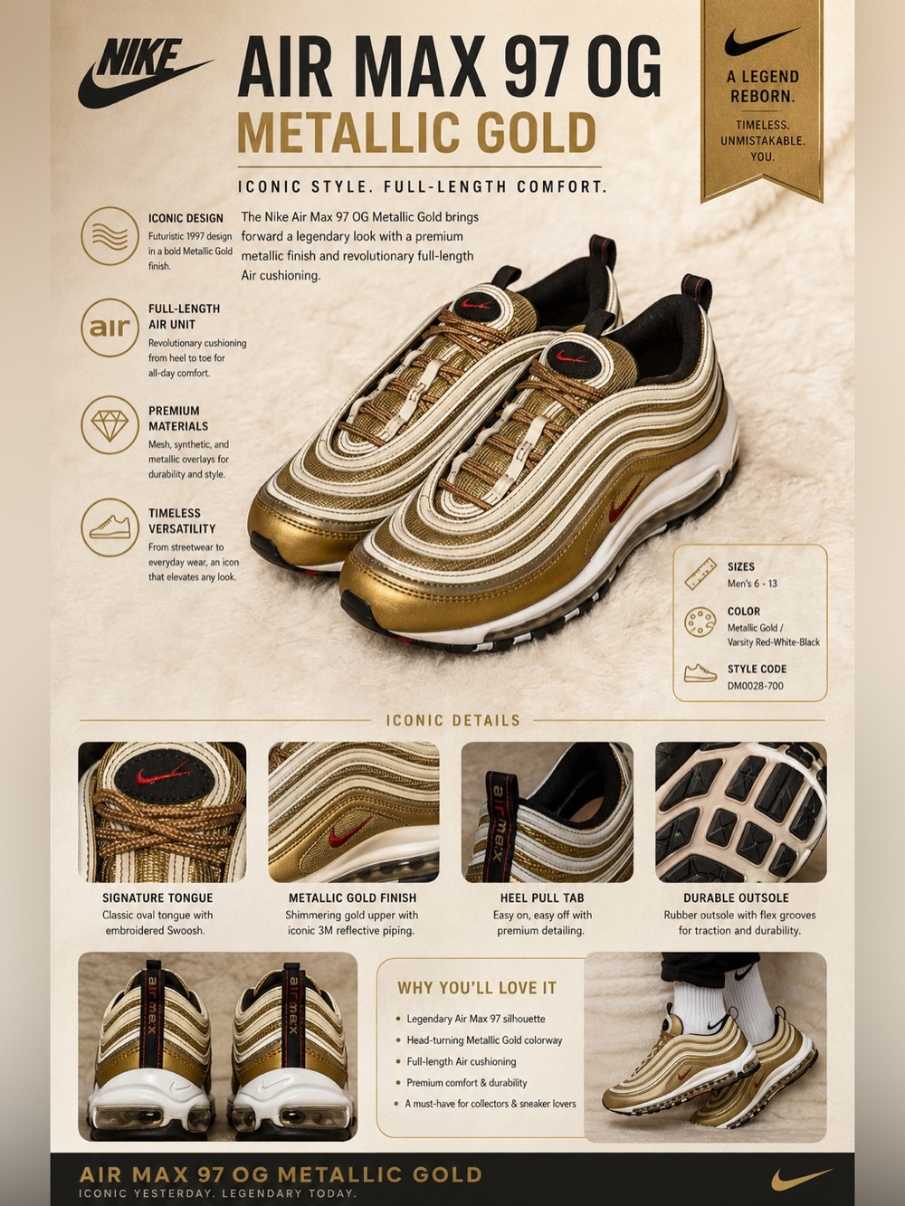 Nike Metallic Gold and White Air Max 97 OG Sneakers NWOT
